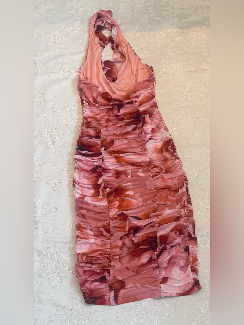 AFRM Balmer Ruched Halter Midi Dress, Peach Roses - Picture 8 of 11